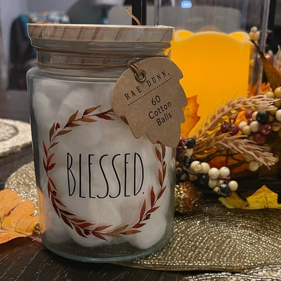NWT RAE DUNN Fall "Blessed" Glass Jar Canister with Wood Lid Cotton Balls - Picture 2 of 11